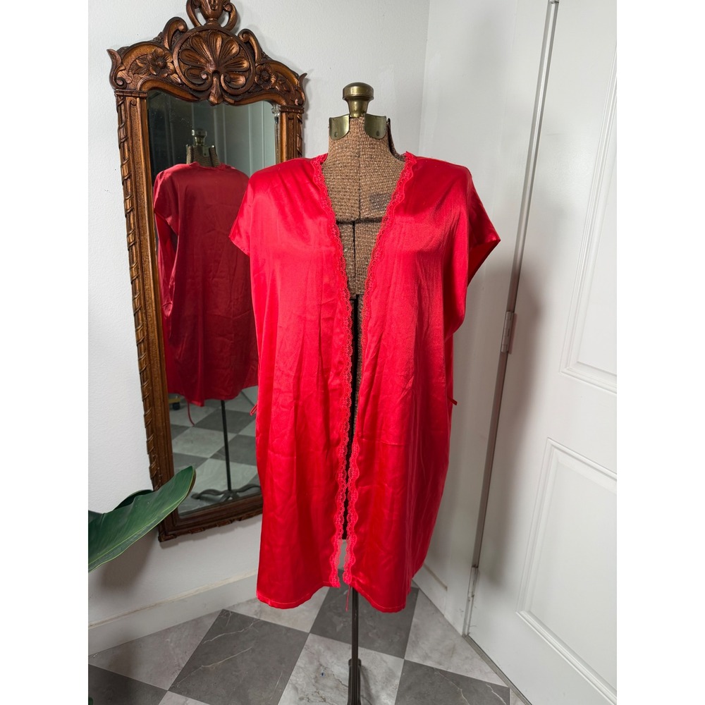 Victoria's Secret Red Satin Lace Trim Robe Short Sleeve Kimono Large